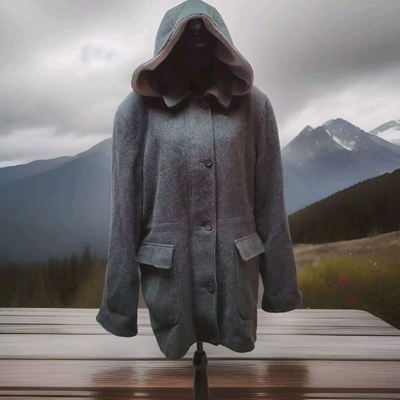 London Fog Women's‎ 100% Wool Grey Coat Hood Sz XL Square Pockets Lined Full Zip - Picture 1 of 16